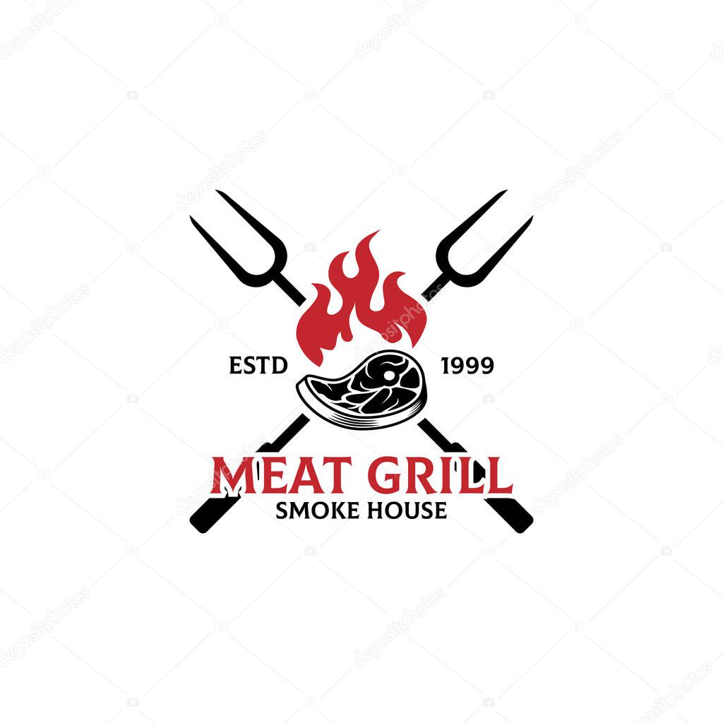 Meat Grill smoke house logo design template, Grill and Bar with fire, meat, grill fork