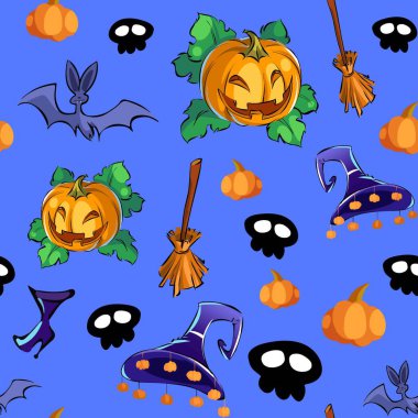 Kusursuz cadılar bayramı şablonu. Turuncu balkabağı, yarasa, süpürge, Kafatası ve şapka, düz stil.