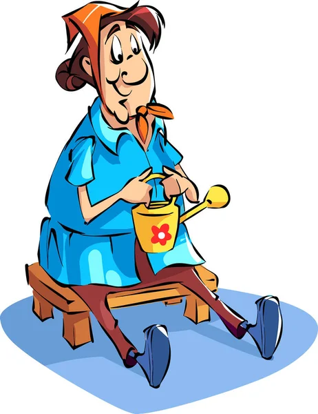 Jardinero señora sentada en un banco con una lata de agua amarilla. — Archivo Imágenes Vectoriales