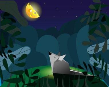 Gökyüzünde ay şeklinde fare ve hayali peynir