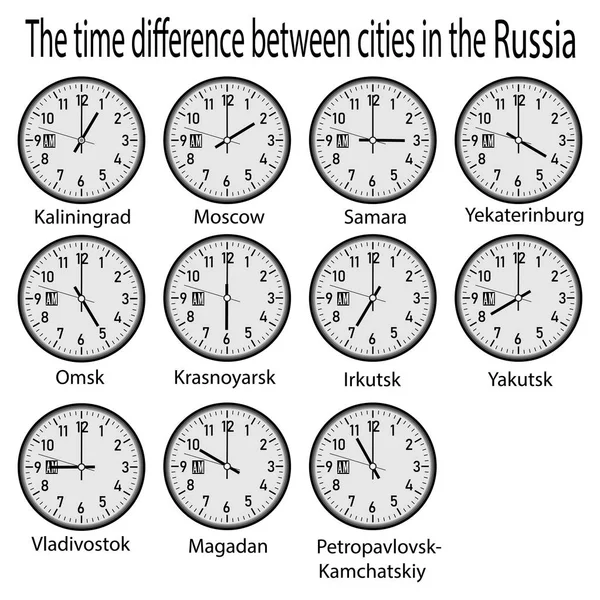 Relógio de parede mostrando hora em diferentes cidades da Rússia —  Vetores de Stock