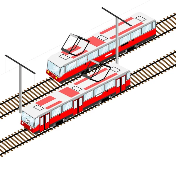 City Trams Going Different Directions Isometric View — Stock Vector