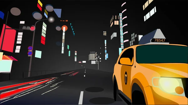 Landschap Van Stad Van Een Nacht Met Een Walking Taxi — Stockvector