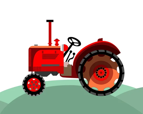 Old Red Farm Tractor Driving Fields — Stock Vector