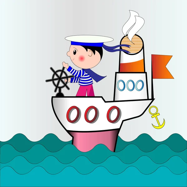 Illustration of a small captain on a ship going to ocean — Stock Vector