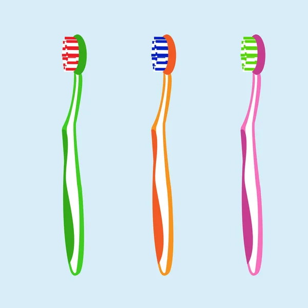 Multi-colored toothbrushes. Violet, green, orange. — Stock Vector