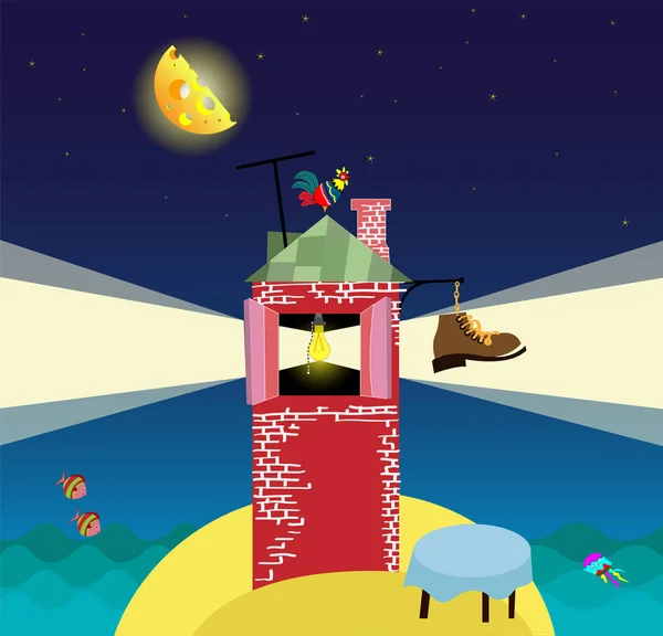 Cartoon landschap met vuurtoren, nacht zee en sterrenhemel — Stockvector