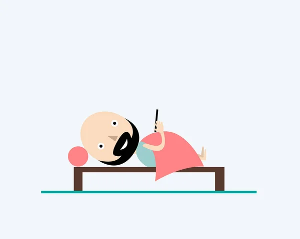 Un homme est couché au lit avec un téléphone à la main. Illustration vectorielle . — Image vectorielle