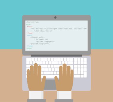 Programcı bir web sayfası oluşturur. Bir dizüstü bilgisayarda çalışır. Vektör çizim.