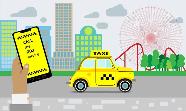 Servicio de taxi. Taxi amarillo. Manos con aplicación de smartphone y taxi, silueta de ciudad con rascacielos y torre, cielo con nubes . — Vector de stock
