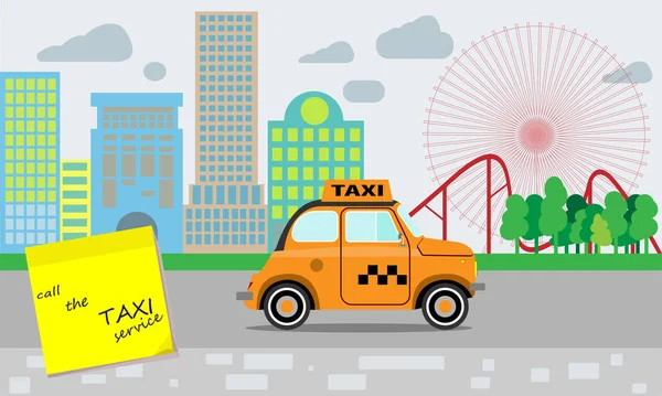 Servicio de taxi. Taxi amarillo. Recordatorio sobre la necesidad de llamar a un servicio de taxi. Un paisaje de pueblo pequeño y un parque de atracciones. Estilo plano . — Vector de stock