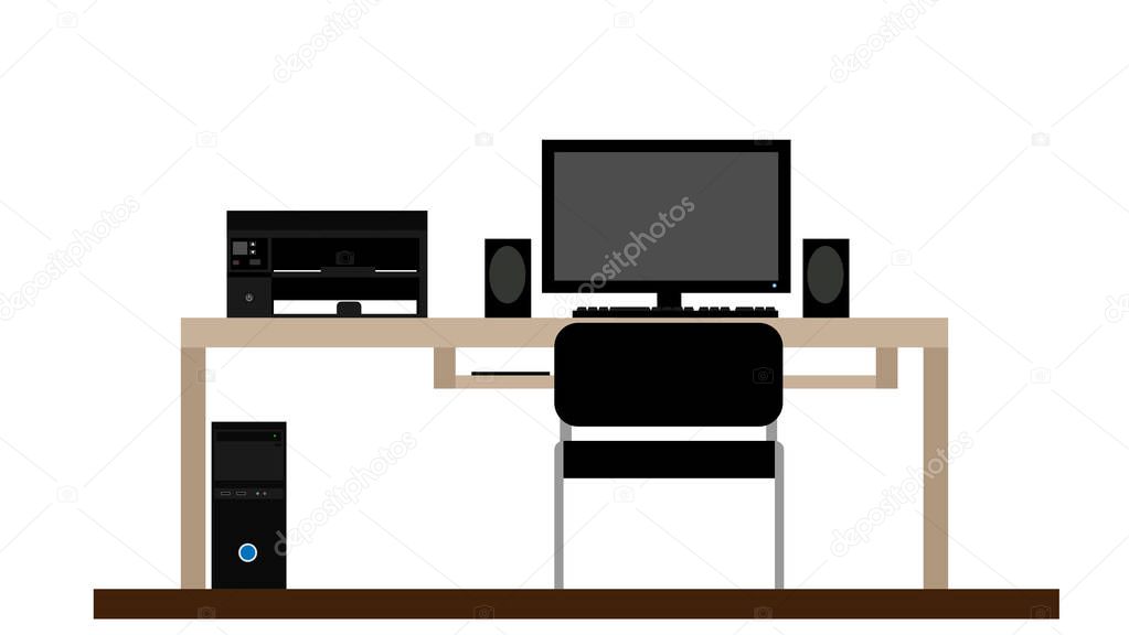 Workplace. Personal computer, printer, speakers, table. Vector.