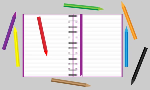 Caderno aberto com lápis de cor espalhados. Vetor . — Vetor de Stock