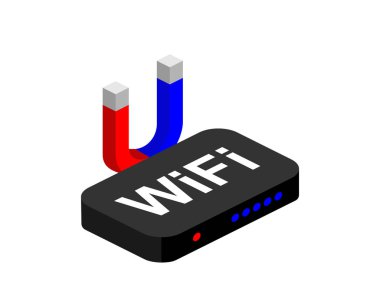 Siyah kablosuz wi-fi router mıknatıs anten ile. İzometrik yaratıcı modern tasarım web tasarımı ve mobil uygulamalar, Seo için. Vektör çizim.