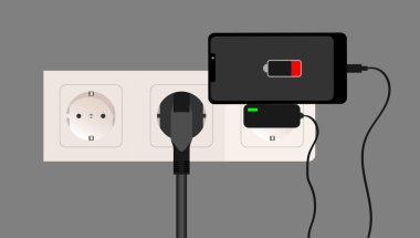 Smartphone charger adapter and electric socket, low battery notification, flat design. Vector. clipart