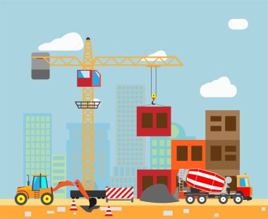 Bina iş süreci ve İnşaat makineleri kasabasında ile. Vektör.