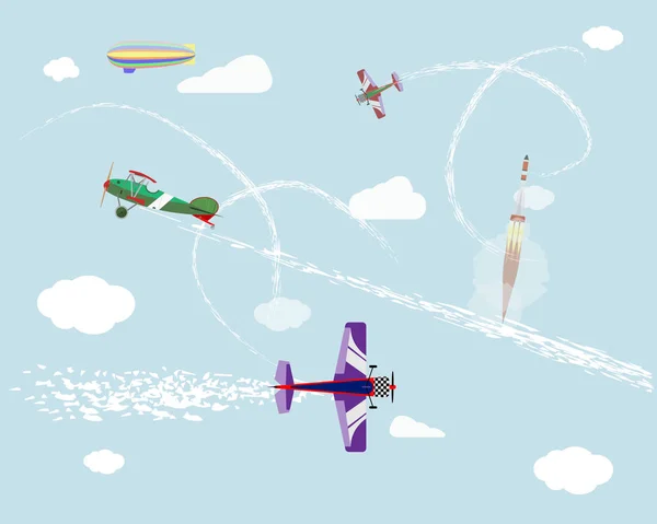Airshow. Flygningen av flygplan och airshipen i himlen. Raketuppskjutning. Vektorgrafik. — Stock vektor