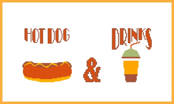 Hot dog et boisson. Bannière de style Pixel Art. Illustration vectorielle . — Image vectorielle