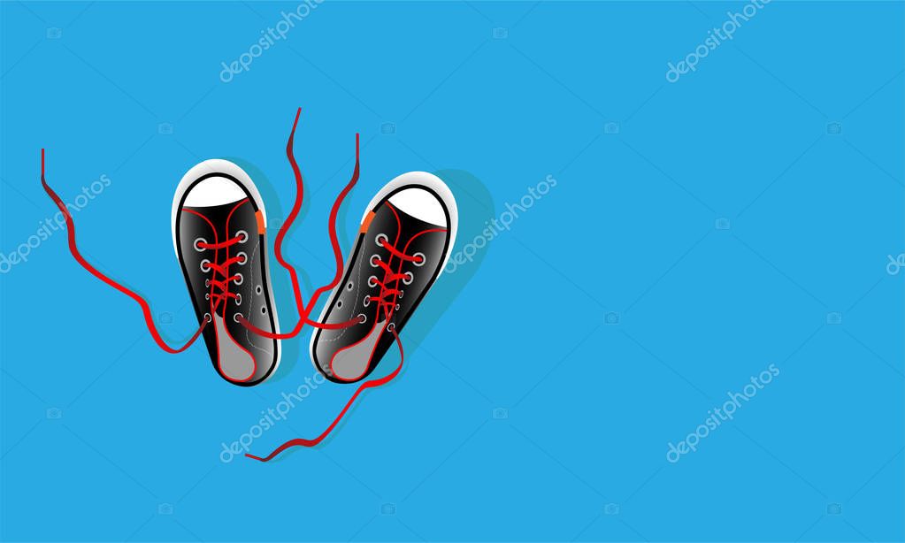 Pair textile sneaker with rubber toe and loose lacing. Shoes of modern teenagers skaters. Isolated on blue background. Vector illustration.