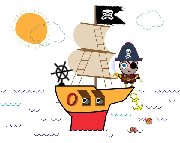 Пират плавает на корабле. Векторная иллюстрация . — стоковый вектор