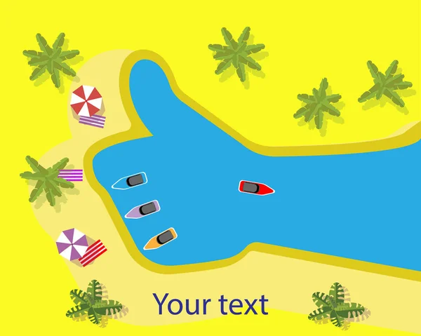 Summer beach in flat design, seaside and beach items, vector illustration. Banner Thumbs up. — Stockvector
