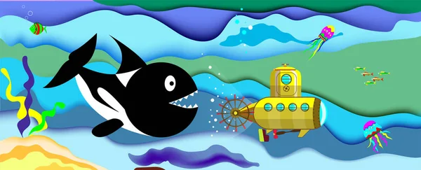 Ein Riesenwal jagt ein U-Boot im Ozean. Vektorillustration. — Stockvektor