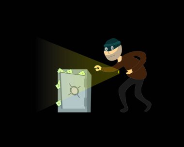 Bir hırsız kasadan para çalar. Gece. Vektör çizimi.