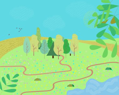 Bir karikatür yaz veya ilkbahar sezonu ülke peyzaj, ufuk doğru yol yolu ile Illustration. Vektör Illustration