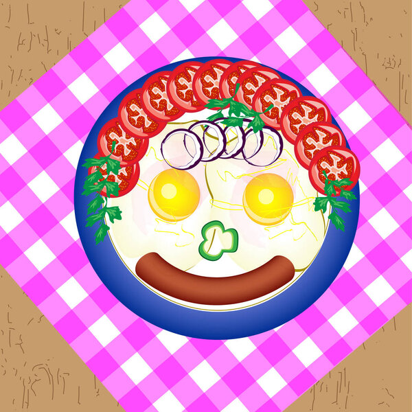 Жареные яйца с колбасой, помидорами, луком и травами. Блюдо приготовлено в виде улыбающегося мужчины
.