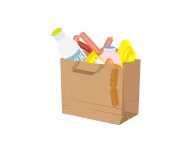 Beyaz arka planda süt ürünleri içeren kağıt torba. Vektör Illustration.