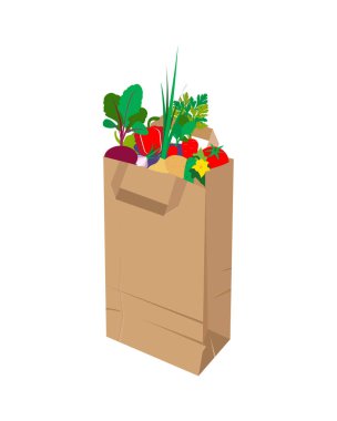 Çeşitli sebzelerle dolu bir kağıt çanta. Beyaz izole arka plan. Vektör Illustration