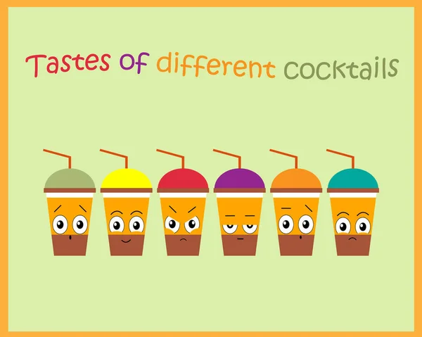 Ilustración de un conjunto de cócteles con diferentes sabores. Reacción a diferentes cócteles. Ilustración vectorial . — Vector de stock