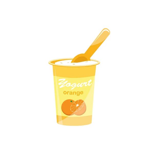 Embalaje de yogur con una cucharadita. Yogur con sabor a naranja. Ilustración vectorial . — Vector de stock