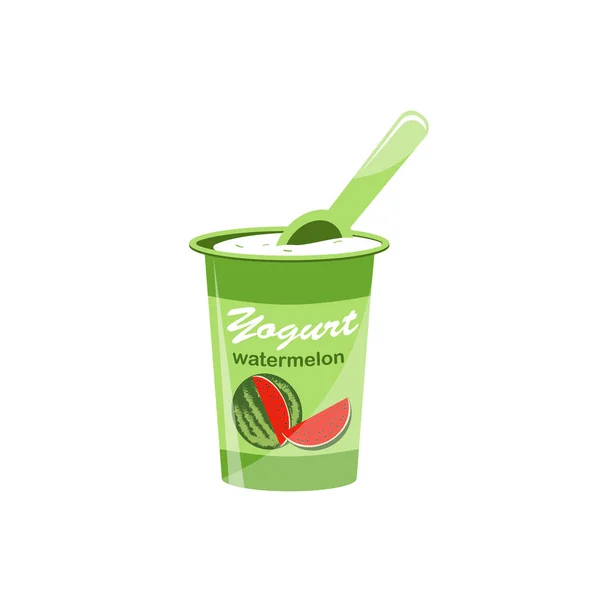 Embalaje de yogur con una cucharadita. Yogur con sabor a sandía. Ilustración vectorial . — Vector de stock