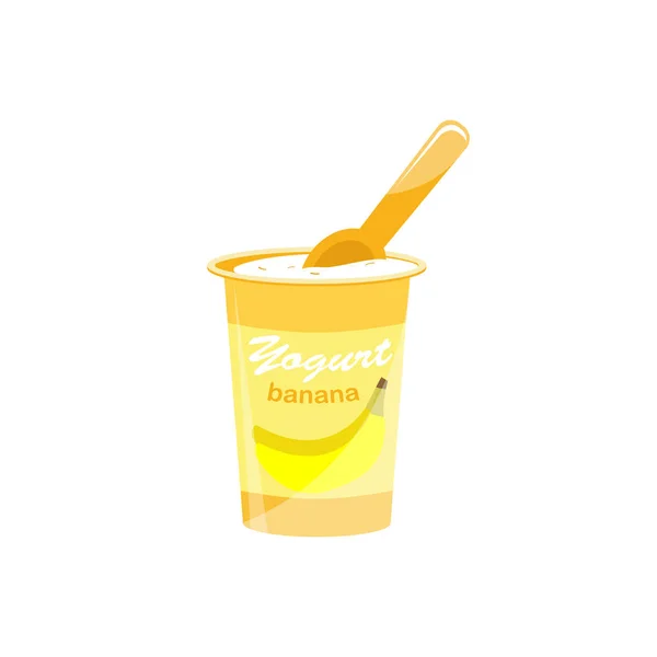 Embalaje de yogur con una cucharadita. Yogur con sabor a plátano. Ilustración vectorial . — Vector de stock