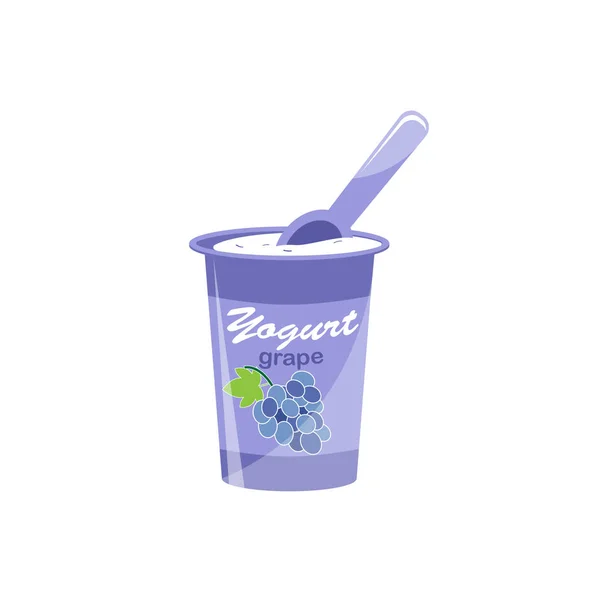 Embalaje de yogur con una cucharadita. Yogur con sabor a uva. Ilustración vectorial . — Vector de stock