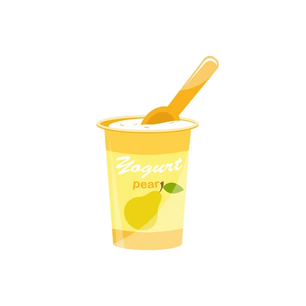Embalaje de yogur con una cucharadita. Yogur con sabor a pera. Ilustración vectorial . — Vector de stock