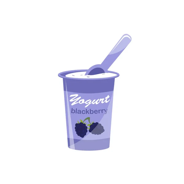Embalaje de yogur con una cucharadita. Yogur sabor a mora. Ilustración vectorial . — Vector de stock