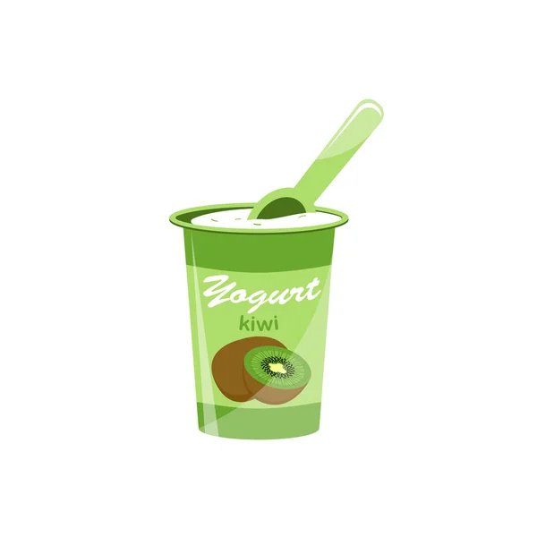 Embalaje de yogur con una cucharadita. Kiwi Yogur. Ilustración vectorial . — Vector de stock
