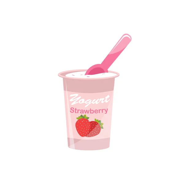 Embalaje de yogur con una cucharadita. Yogur con sabor a fresa. Ilustración vectorial . — Vector de stock