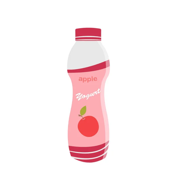 Embalaje de yogur con una cucharadita. Yogur con sabor a manzana. Ilustración vectorial . — Vector de stock