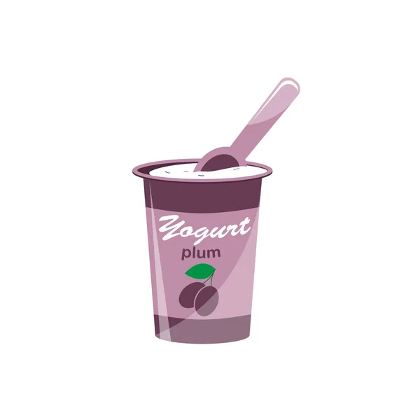 Embalaje de yogur con una cucharadita. Yogur con sabor a ciruela. Ilustración vectorial . — Vector de stock