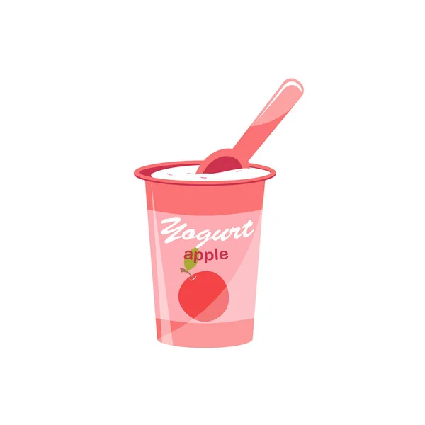 Embalaje de yogur con una cucharadita. Yogur con sabor a manzana. Ilustración vectorial . — Vector de stock