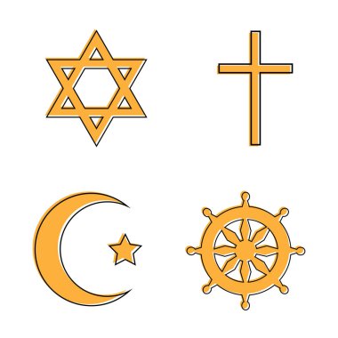 Dini işaretler kümesi: haç, hilal, Dharma tekerleği, David yıldızı. Vektör çizimi.
