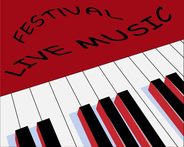 Poster live festival musik. Gambar piano pada latar belakang merah. Ilustrasi vektor . - Stok Vektor