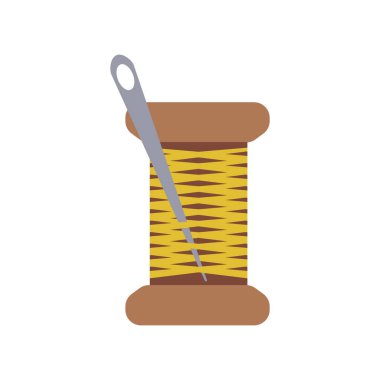 Düz bir tarzda bir iğne ile sarı iplik makara. Vektör çizimi.