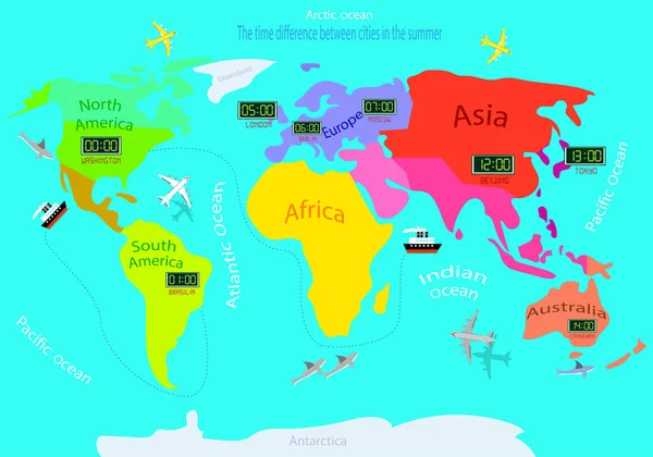 Zonas horarias en un mapa mundial. Diferencia horaria entre países en verano. Mapa ilustrado de la tierra . — Vector de stock