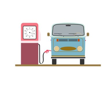 Eski benzin istasyonunda retro araba yakıt ikmali. Ön görüş. Vektör çizimi.