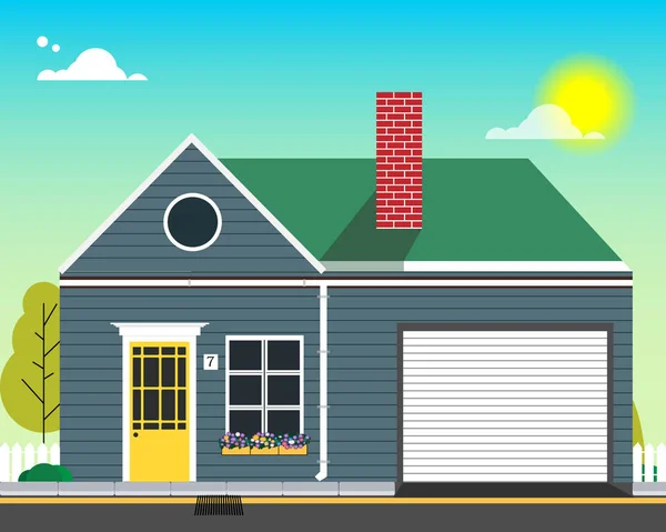 En berättelse bostadshus med en amerikansk stil garage. Vektor illustration. — Stock vektor