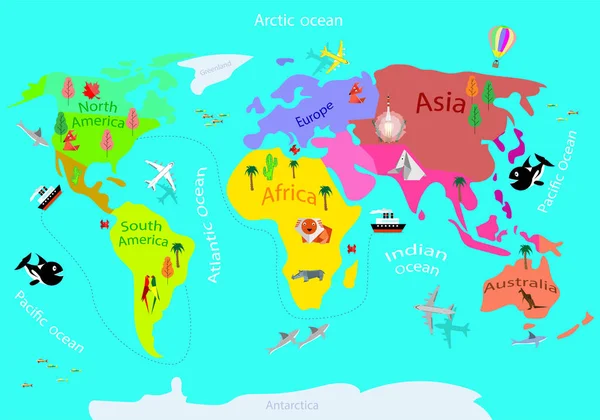 As crianças ilustraram o mapa geográfico do mundo. Ilustração vetorial . —  Vetores de Stock